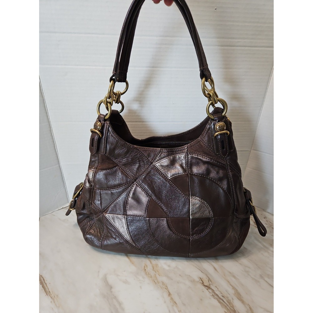 Coach Signature Patchwork Brown Beige Medium Crescent Hobo Zip Top Lined